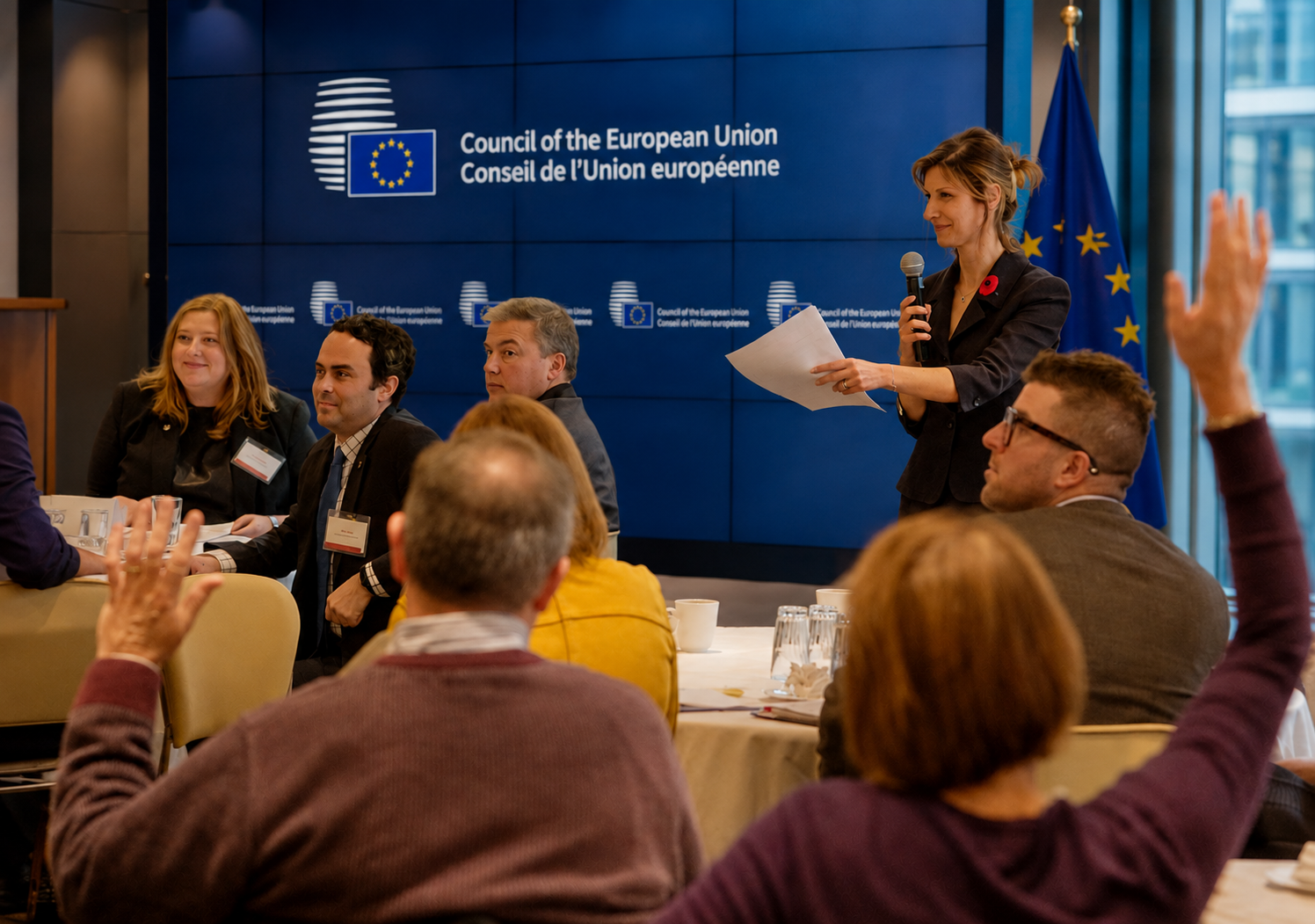 Maryam Behmard speaking at a Council of the European Union meeting