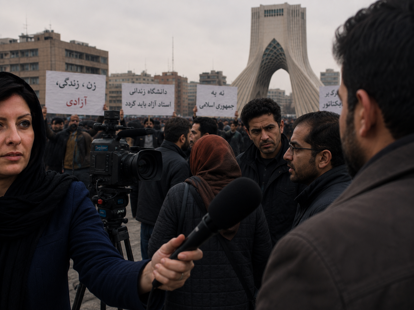 Maryam Behmard reporting in Tehran, with the Azadi Tower behind her